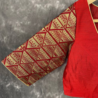Azaad Paanchi Dark Red Coloured Chanderi Silk / Brocket Ready to Wear Blouse - kapda Tailor