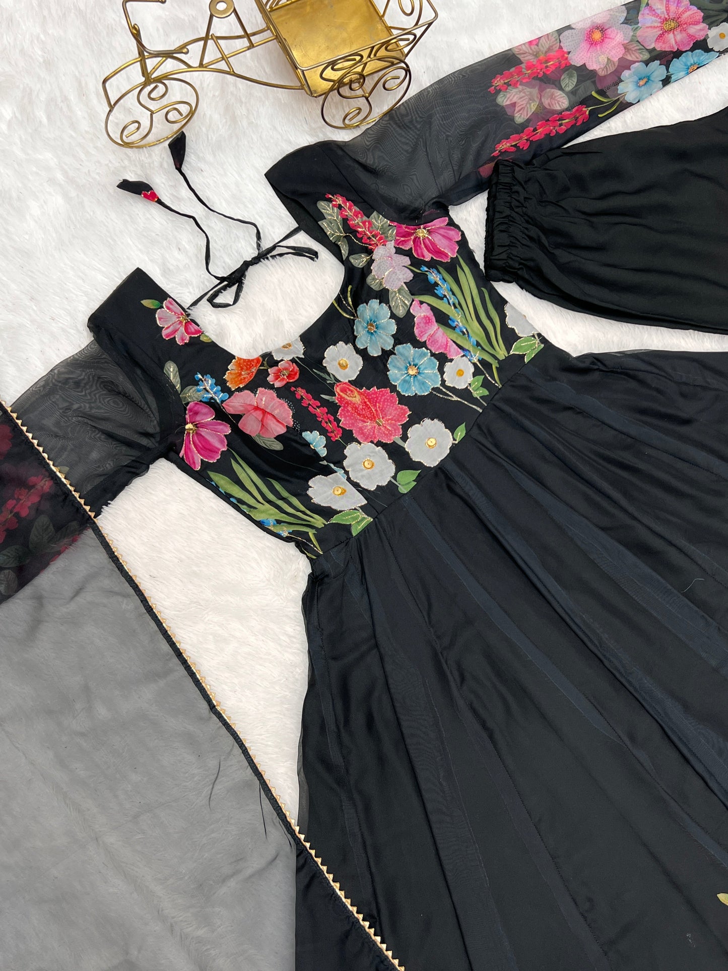 Lorenvalley Fashion Black Soft Organza Silk With Floral Print Fully Flared Anarkali Pant With Dupatta Set - Black
