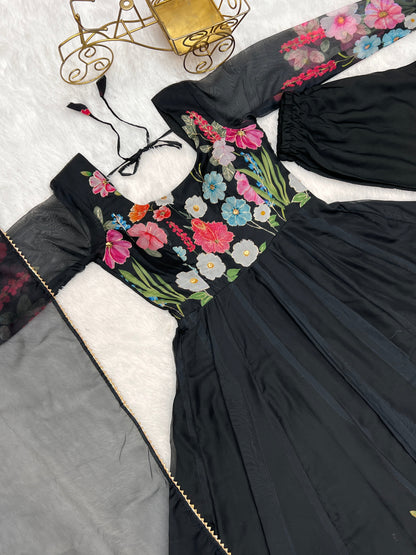 Lorenvalley Fashion Black Soft Organza Silk With Floral Print Fully Flared Anarkali Pant With Dupatta Set - Black