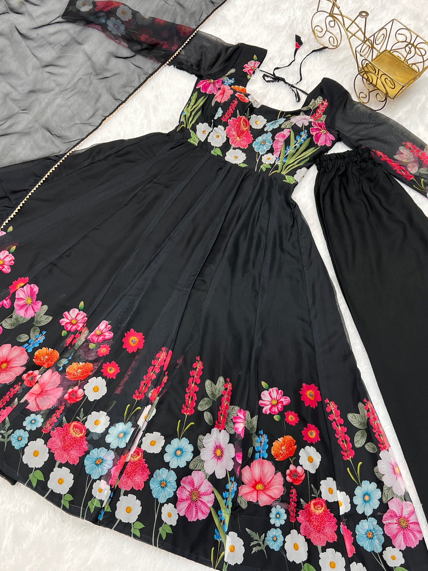 Lorenvalley Fashion Black Soft Organza Silk With Floral Print Fully Flared Anarkali Pant With Dupatta Set - Black