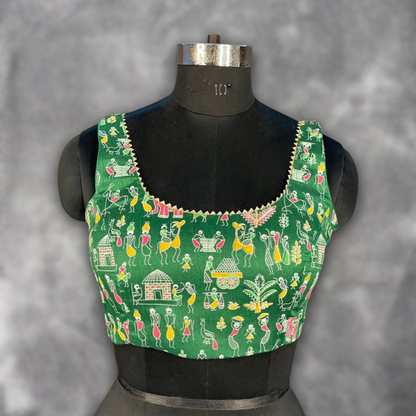 Dreamy Warli Green Coloured Art Row Silk Ready to Wear Blouse - kapda Tailor
