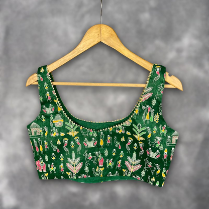 Dreamy Warli Green Coloured Art Row Silk Ready to Wear Blouse - kapda Tailor