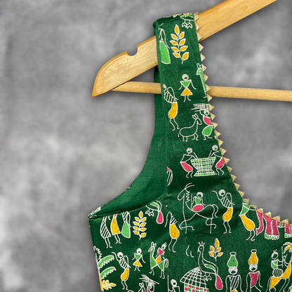 Dreamy Warli Green Coloured Art Row Silk Ready to Wear Blouse - kapda Tailor