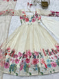 Lorenvalley Fashion Cream Soft Organza Silk With Floral Print Fully Flared Anarkali Pant With Dupatta Set - Cream