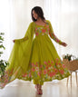 Lorenvalley Fashion Parrot Soft Organza Silk With Floral Print Fully Flared Anarkali Pant With Dupatta Set - Green