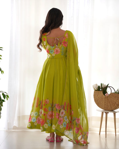 Lorenvalley Fashion Parrot Soft Organza Silk With Floral Print Fully Flared Anarkali Pant With Dupatta Set - Green
