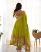 Lorenvalley Fashion Parrot Soft Organza Silk With Floral Print Fully Flared Anarkali Pant With Dupatta Set - Green