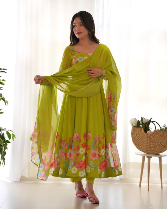 Lorenvalley Fashion Parrot Soft Organza Silk With Floral Print Fully Flared Anarkali Pant With Dupatta Set - Green
