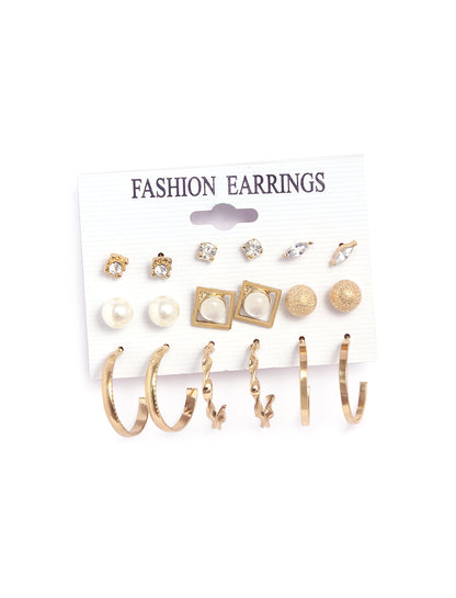 Gold-Polished Alloy Set Of 9 Designer Earrings - The Pari