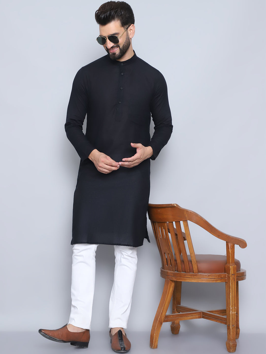 Even Apparels Men's Pure Cotton Black Kurta