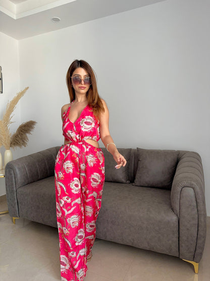 Noroke Red Floral Print Linen Red Floral Cut-out Jumpsuit