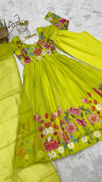 Lorenvalley Fashion Parrot Soft Organza Silk With Floral Print Fully Flared Anarkali Pant With Dupatta Set - Green