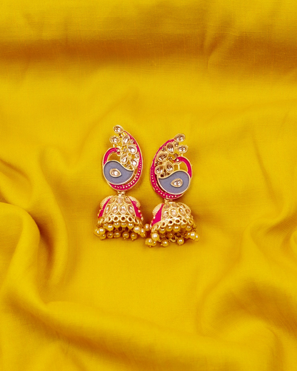 Gold-Polished Alloy Enamel & Stone Studded Jhumki Earrings - The Pari