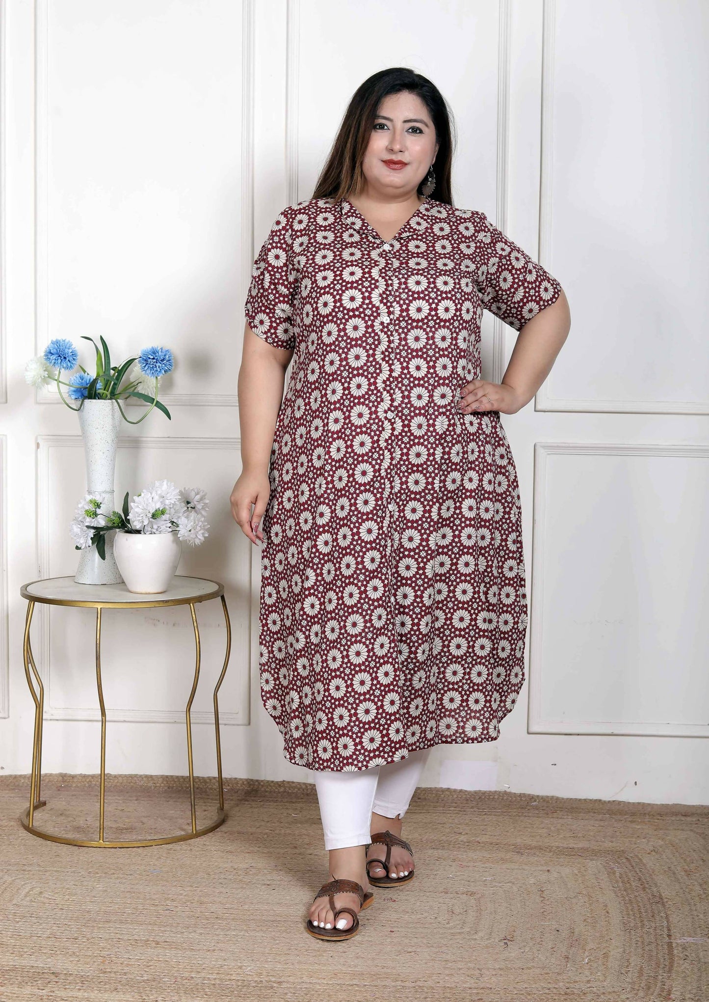 Miravan Women's Plus Size Cotton Floral Printed Cream A-Line Kurta with Buttons