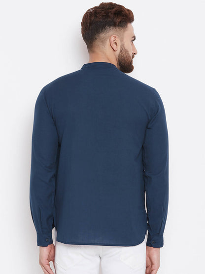 Even Apparels Blue Color Men's Pure Cotton Kurta With Band Collar