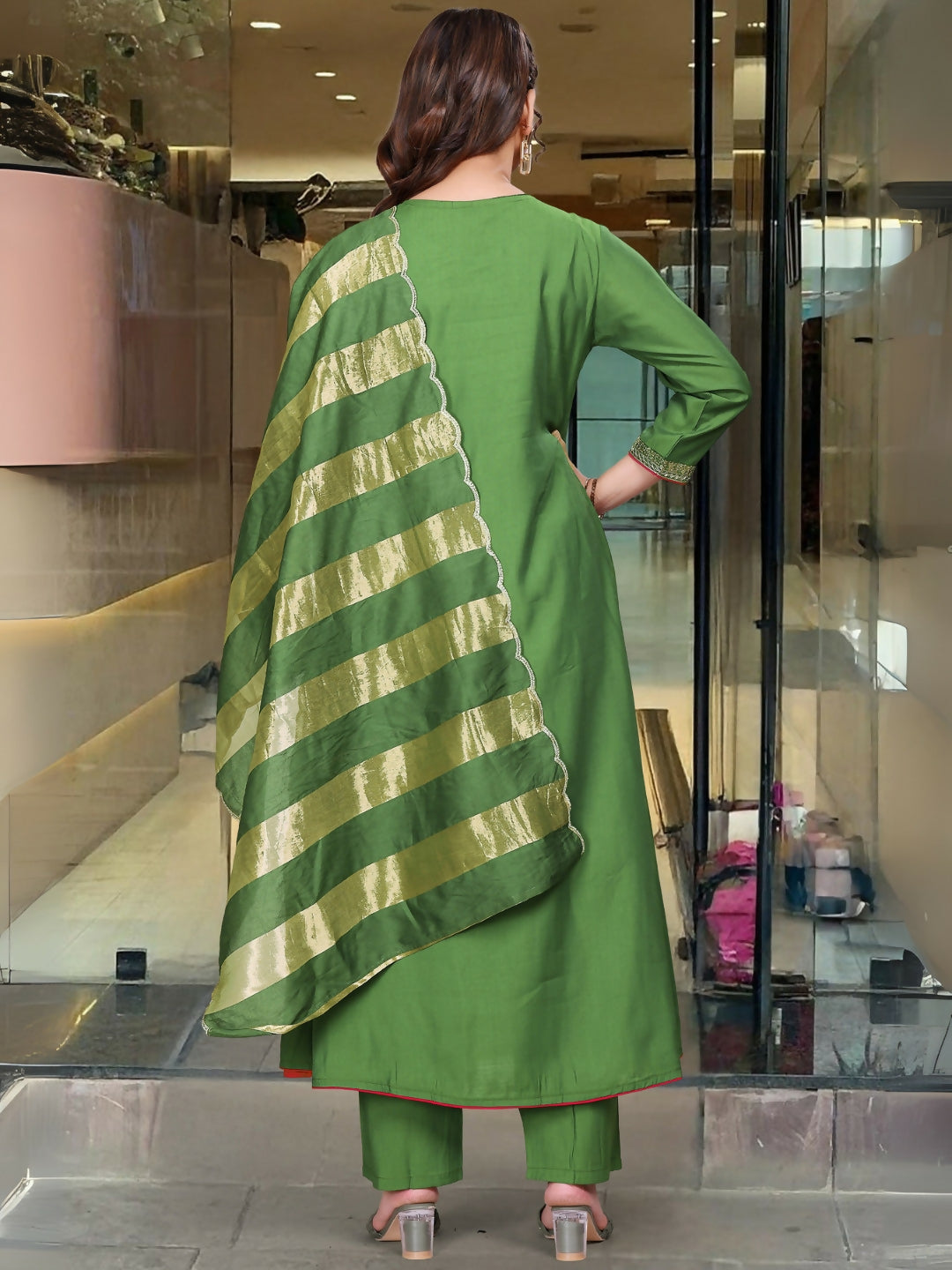 The52 Light Green Women's Gorgeous Embroidered Work Chanderi Fabric Flared Kurta Pant and Dupatta Set