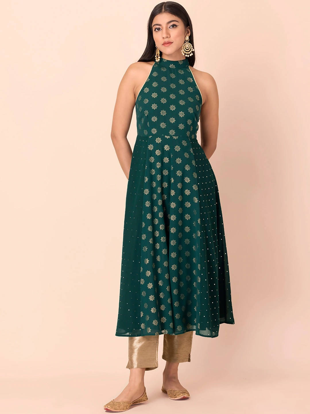 Indya Green Floral Printed Halter Neck Georgette Kurta With Zari Detail