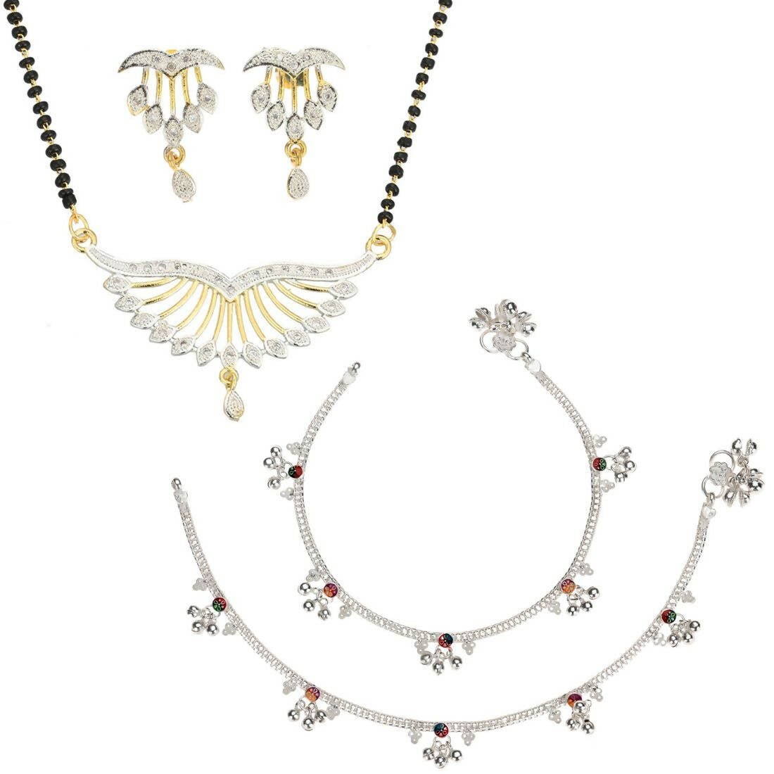 AanyaCentric Gold-Polished Mangalsutra Pendant Earring Set & Silver Plated Anklet