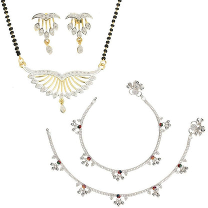 AanyaCentric Gold-Polished Mangalsutra Pendant Earring Set & Silver Plated Anklet