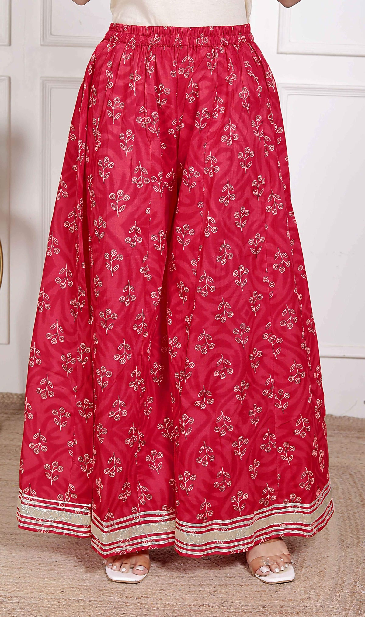 Miravan Red Floral Print Embroidered Cotton Straight Kurta with Palazzo & Dupatta