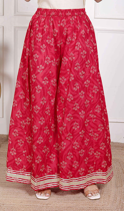 Miravan Red Floral Print Embroidered Cotton Straight Kurta with Palazzo & Dupatta