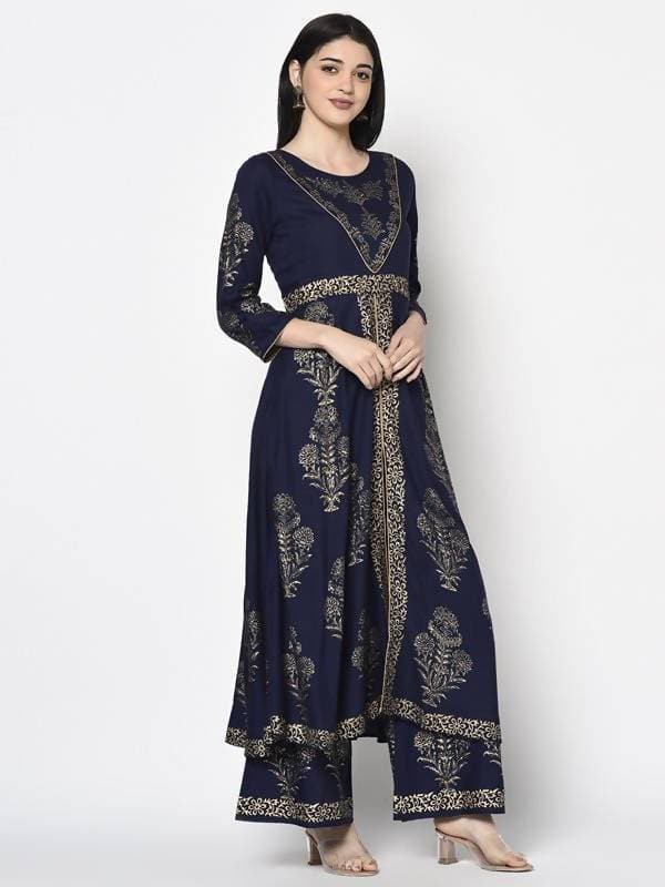 Aniyah Rayon Navy Blue Color Foil Print Anarkali Palazzo Set (AN-191K)