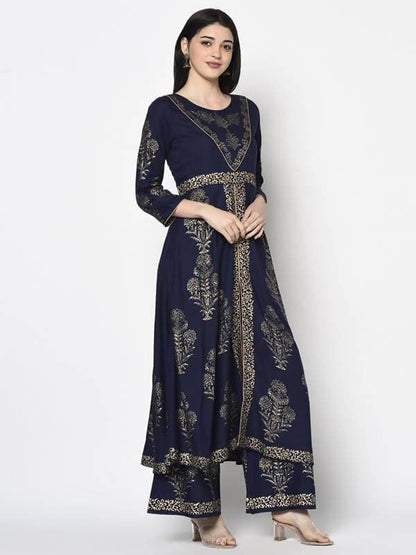 Aniyah Rayon Navy Blue Color Foil Print Anarkali Palazzo Set (AN-191K)