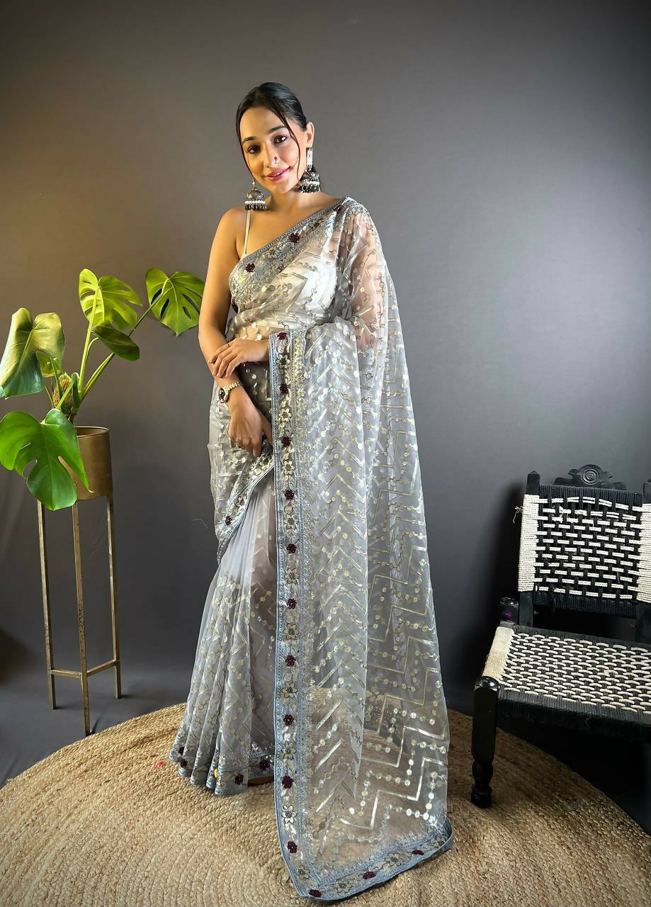 Vastranavya Butterfly Net Designer Chain Stitch Embroidery Work with Foil Thread & Stone Work Saree with Blouse Material - Grey