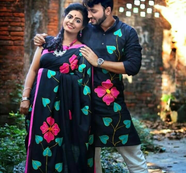 Exclusive Collection Saree With Blouse Piece For Women And Men's Kurta - Black