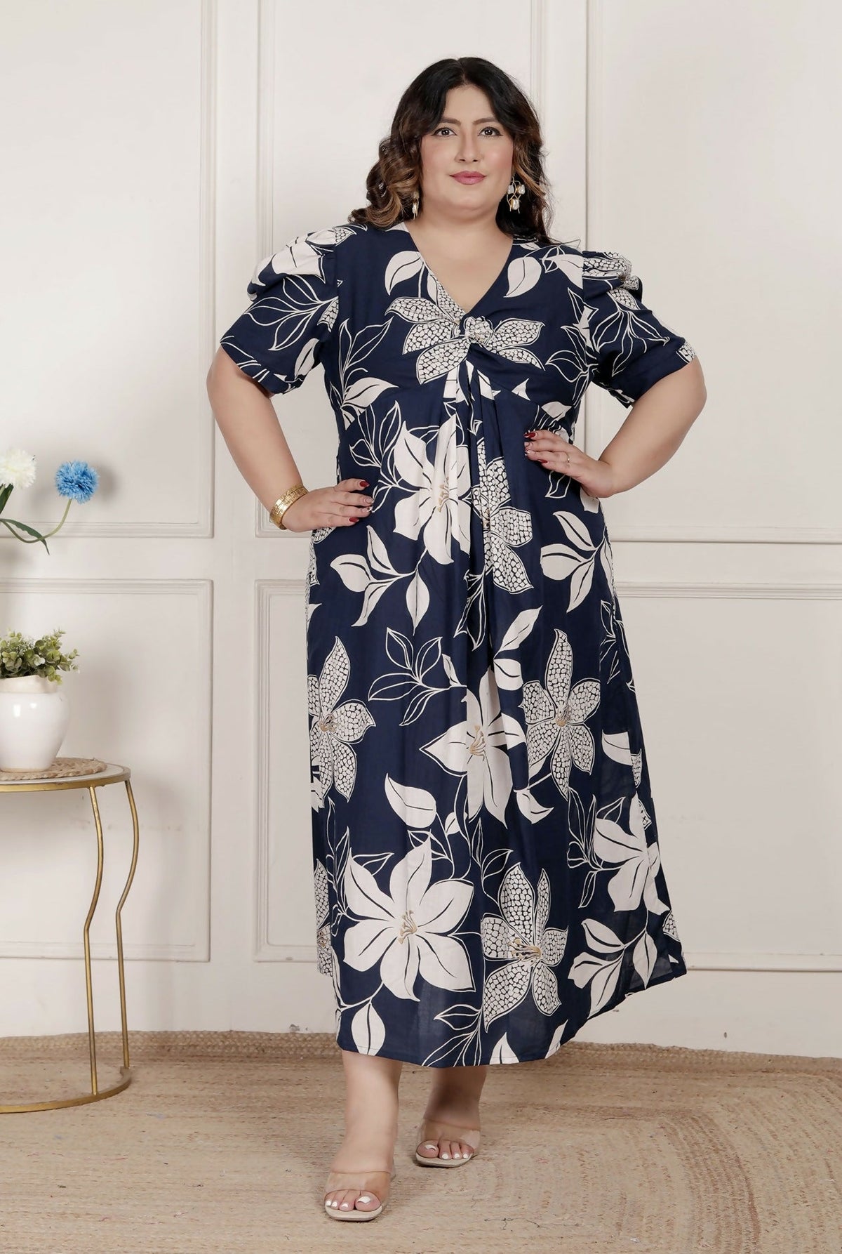Miravan Womens Plus Size Blue Flower Printed Puff Sleeve Cotton Butterfly Maxi Dress
