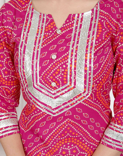 Miravan Women's Pink Bandhani Printed Straight Kurta with Palazzo & Dupatta