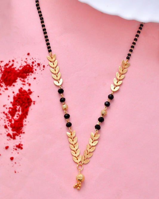 VOJ Gold-Polished Leaf Design Beaded Chain Mangalsutra