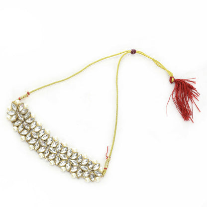 Mominos Fashion Johar Kamal Gold-Polished Brass Finish Kundan/Pearls Choker For Women (White)