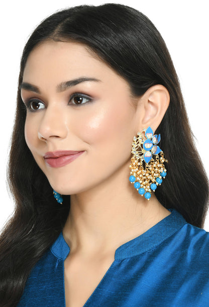 Mominos Fashion Johar Kamal Gold-Polished Kundan Sky Blue Meenakari Earrings