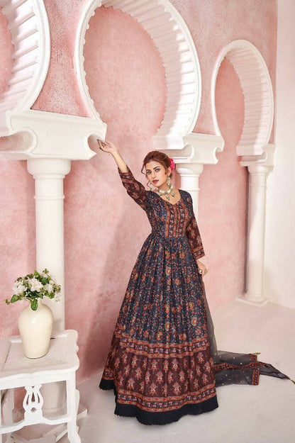 Everywhere Designer Navy Blue Dola Silk Gown With Dupatta - Anbazaar