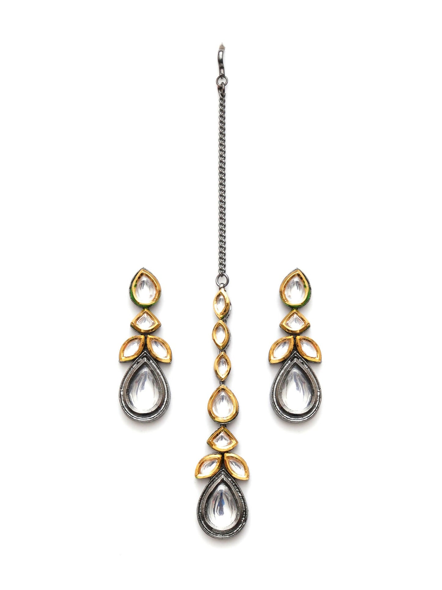 Dual Tone Kundan Maang Tikka with Earrings Jewellery Set (silver) - Ruby Raang