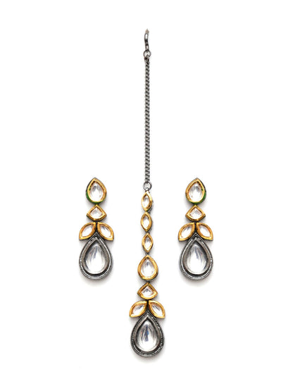 Dual Tone Kundan Maang Tikka with Earrings Jewellery Set (silver) - Ruby Raang