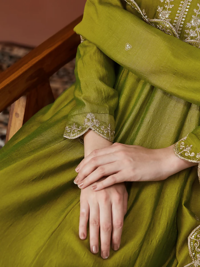 The52 Light Green Women's Beautiful Vichitra Silk Fabric Embroidered Work Flared Anarkali Pant and Dupatta Set
