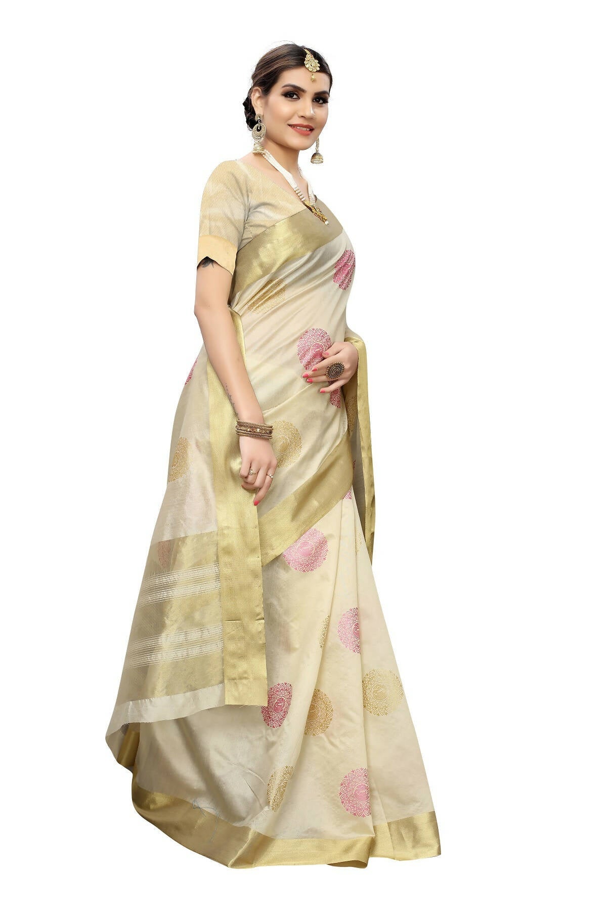 Vamika Cream Weaving Cotton Polyester Silk Saree (Kerala Bird Pink)