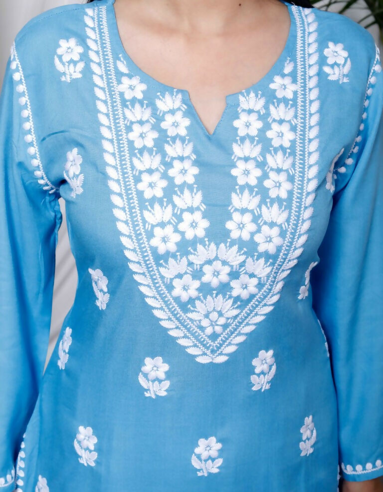 Miravan Women's Chikankari Embroidery Sky Blue Straight Kurta And Palazzo