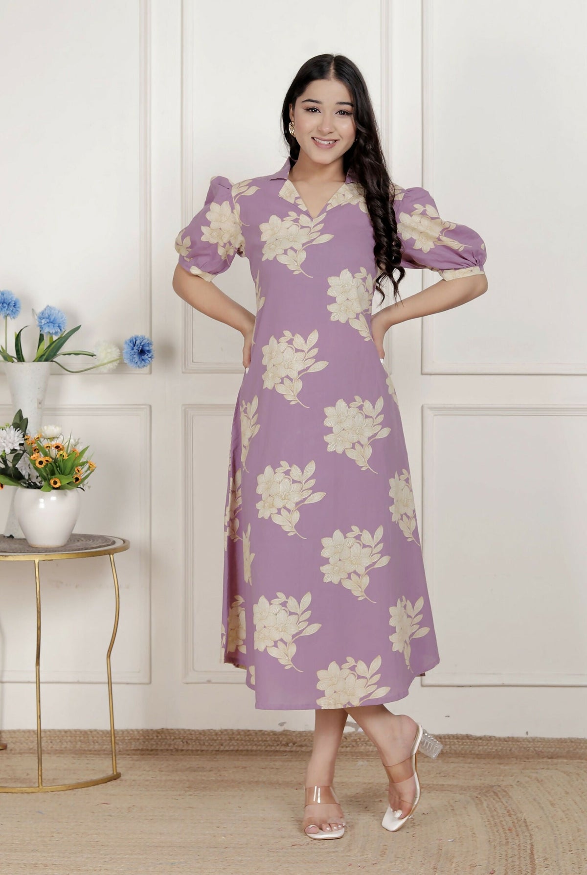 Miravan Womens Lavender Floral Printed A-Line Maxi Dress
