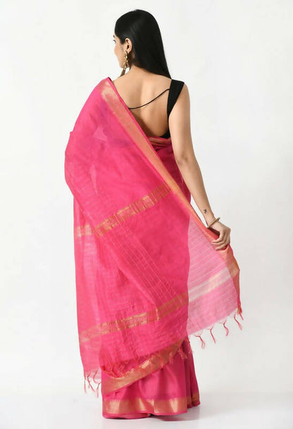Mominos Fashion Moeza Pink Bhagalpuri Handloom Silk Raj Shree Saree with unstitched Blouse piece