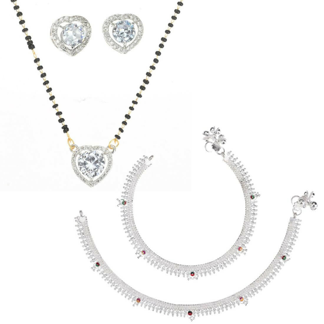 AanyaCentric Gold-Polished Mangalsutra Pendant Earring Set & Silver Plated Anklet