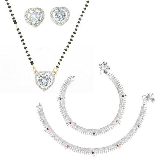 AanyaCentric Gold-Polished Mangalsutra Pendant Earring Set & Silver Plated Anklet