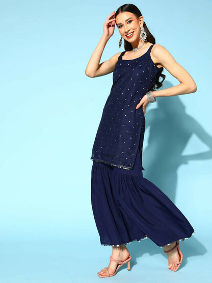 Ahalyaa Women Navy Blue Colour Crepe Foil Printed Kurta Sharara Set With Dupatta