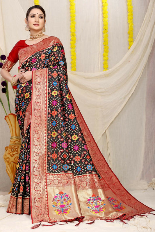 Jyoti Fashion Women's Black Patola Silk Zari Woven Saree with Blouse