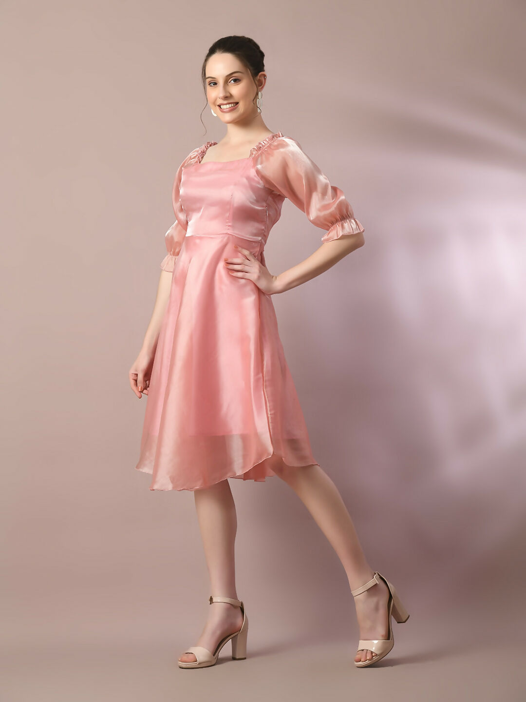 Myshka Women's Pink Solid Square Neck Fit and Flare Party Dress