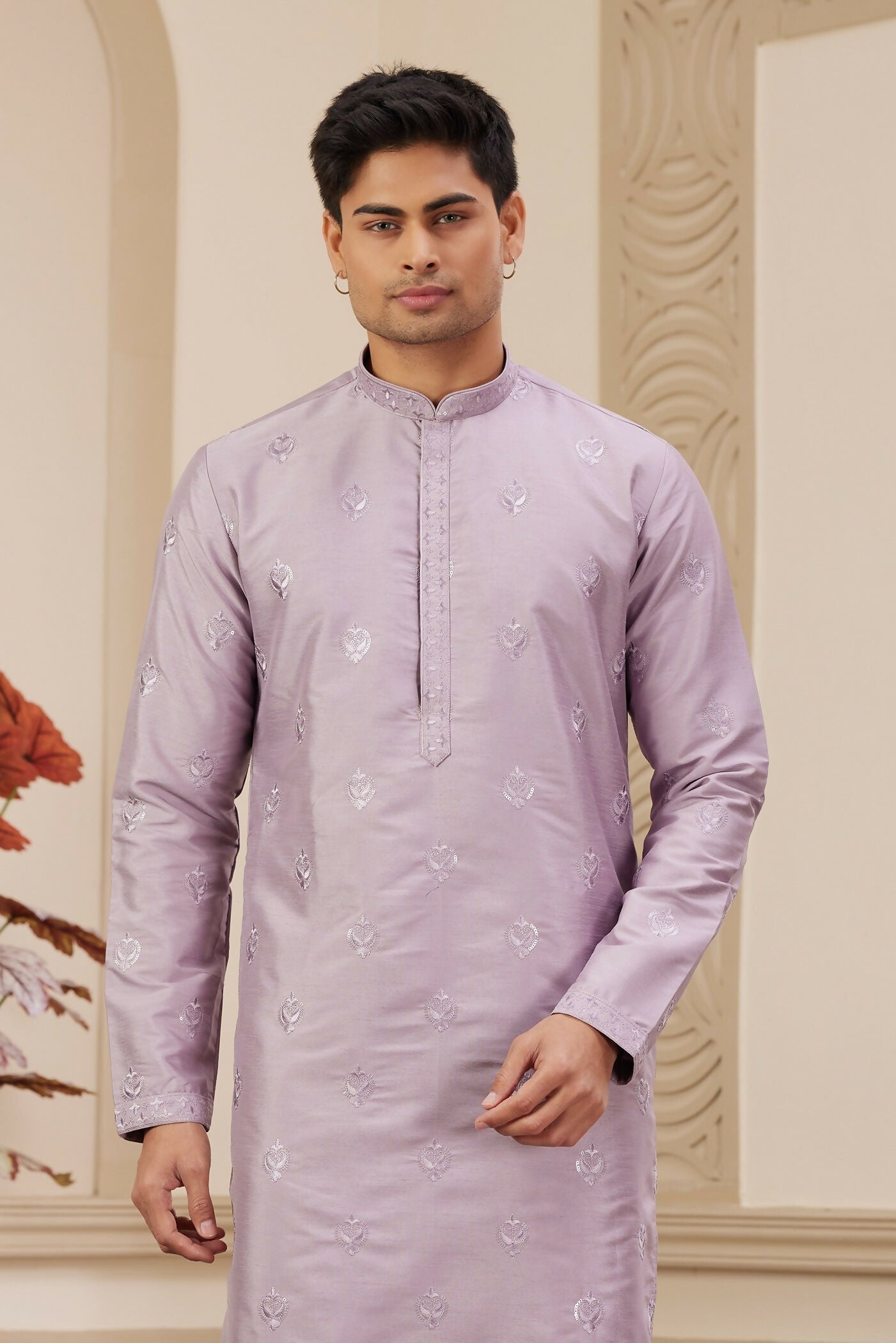 Raivat Ethnic Men's Art Silk Thread Work Kurta Pyjama In Light Purple Colour