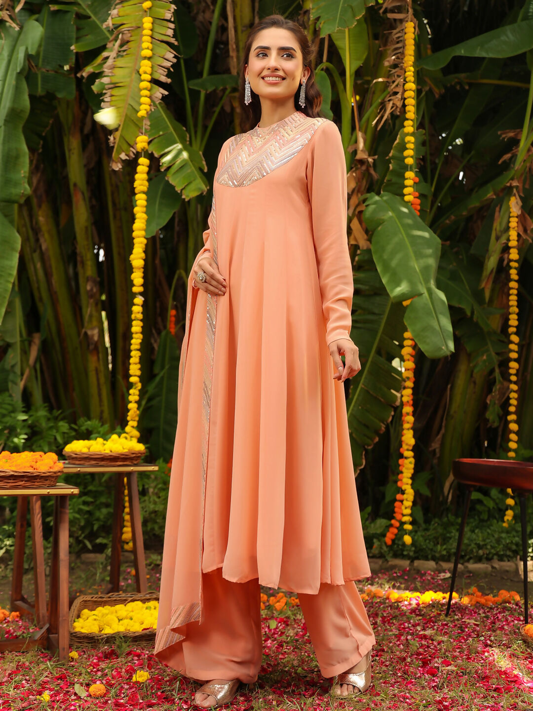 Janasya Peach Georgette Sequined Kurta,Bottom & Dupatta