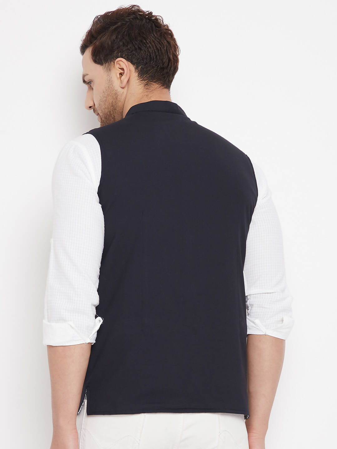 Even Apparels Navy Merino Men's Nehru Jacket-Contrast Lining-Inbuilt Pocket Square